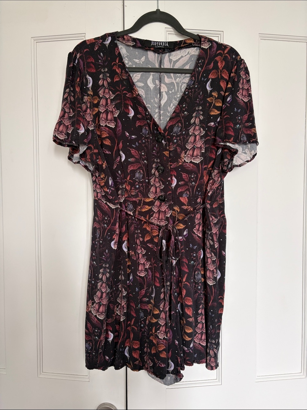 Disturbia dark floral wrap romper in burgundy and dusty pink